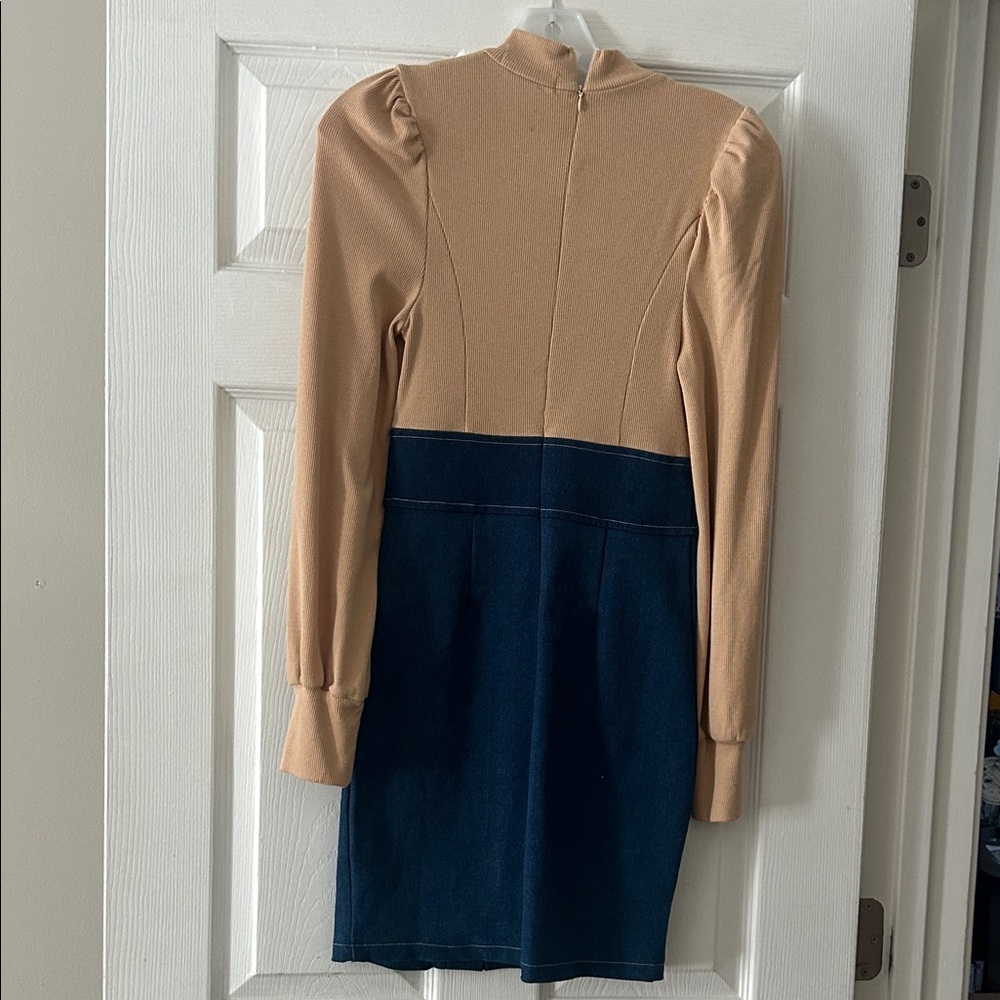 Stylish Tan and Blue Women's Dress - Picture 3 of 4